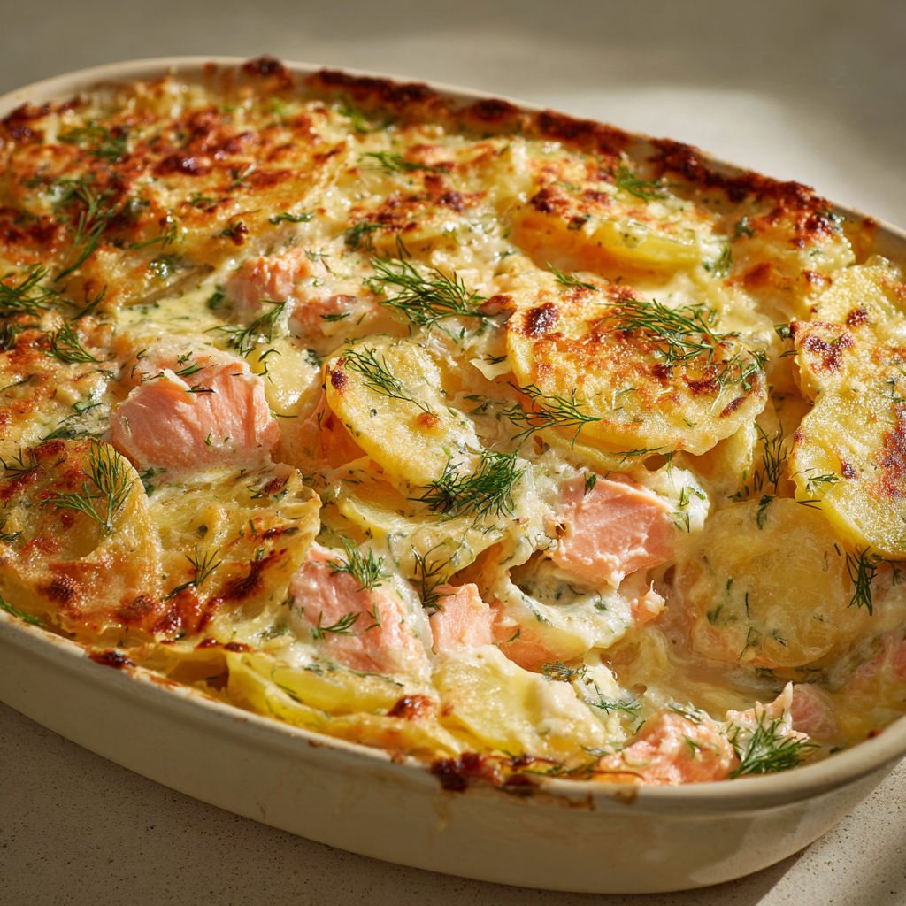Gratin généreux au saumon, pommes de terre et herbes fraîches, présenté dans un bol en poterie.