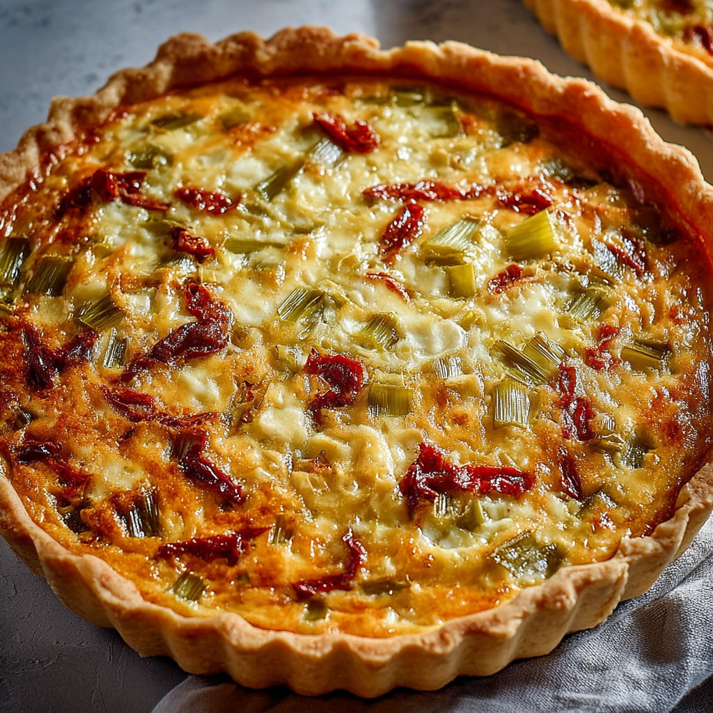 Sur une table, une belle part de quiche aux poireaux, fromage et tomates séchées attend d’être goûtée.