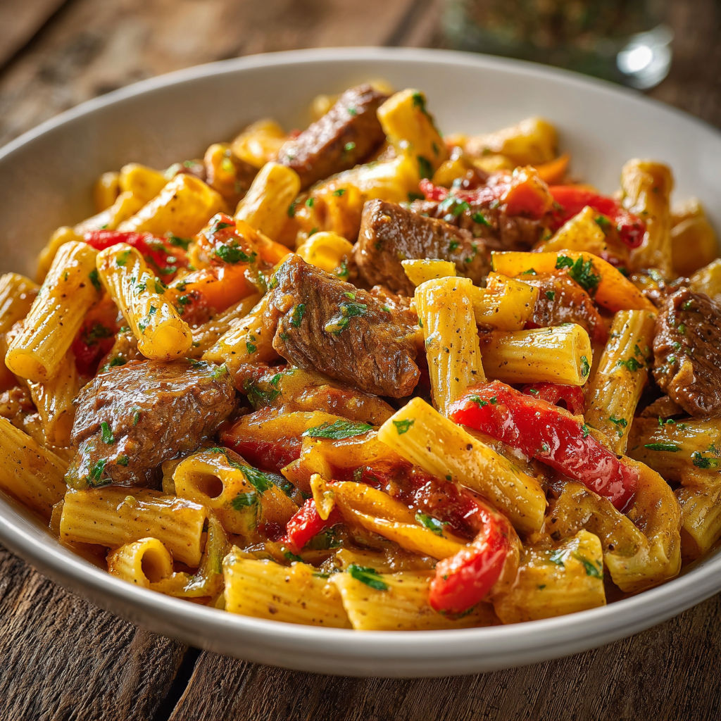 Assiette de pâtes au bœuf sauté et poivrons colorés posée sur une table en bois.
