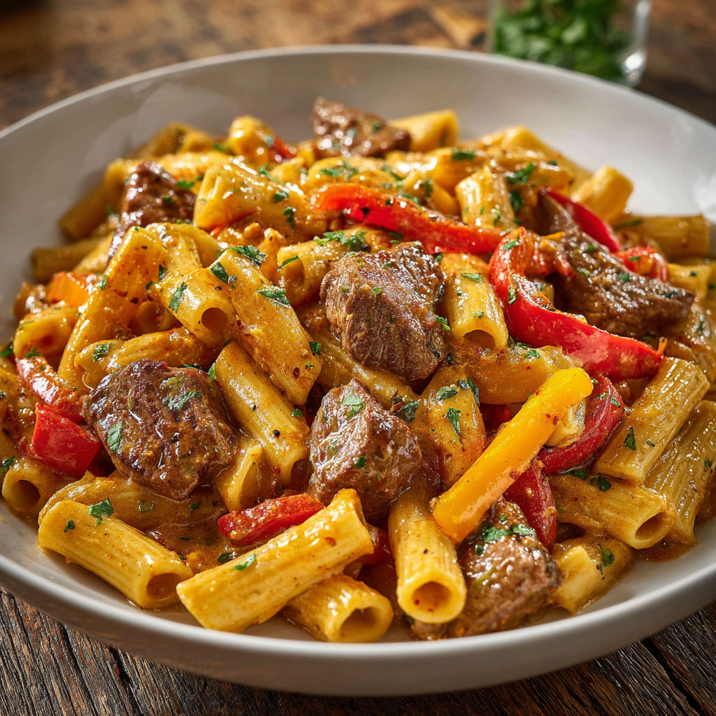 Pâtes savoureuses au bœuf tendre et trio de poivrons