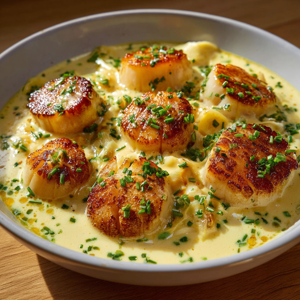 Une belle assiette de Saint-Jacques sauce normande, napée d’une sauce crémeuse et agrémentée d’herbes sur le dessus.