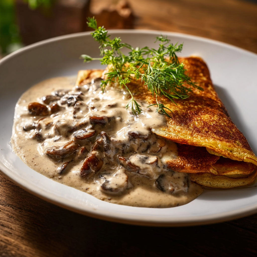 Un plat de pancakes nappés de crème aux champignons.