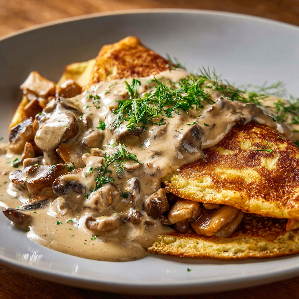 Des crêpes aux champignons nappées de sauce et herbes dans une assiette sur la table.