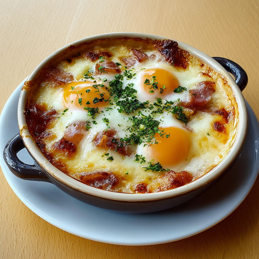 Œufs cocotte rustiques gorgeusement gratinés aux lardons