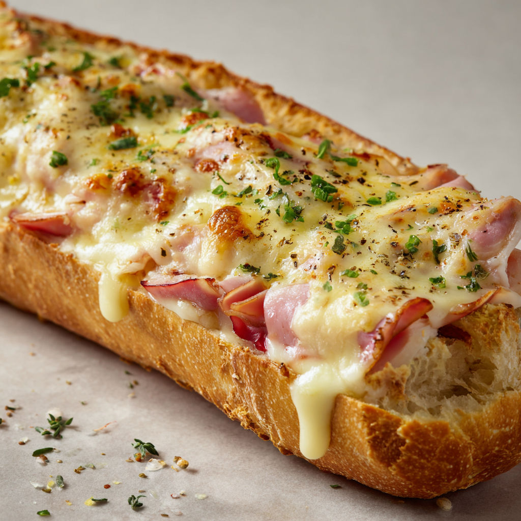 Une belle baguette gratinée garnie de jambon de poulet et de fromage.