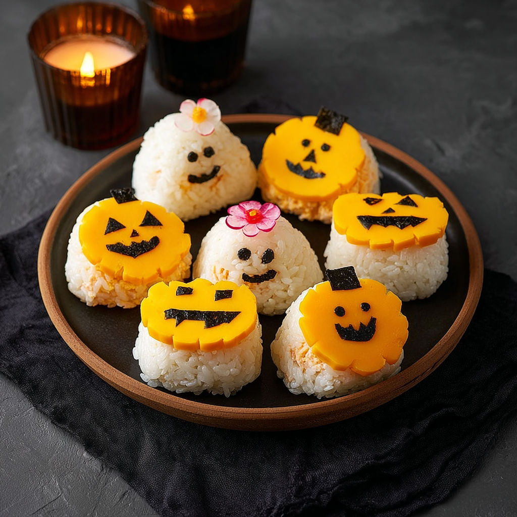 Petites citrouilles d’onigiris au thon et mimolette, hyper fun et jolies.