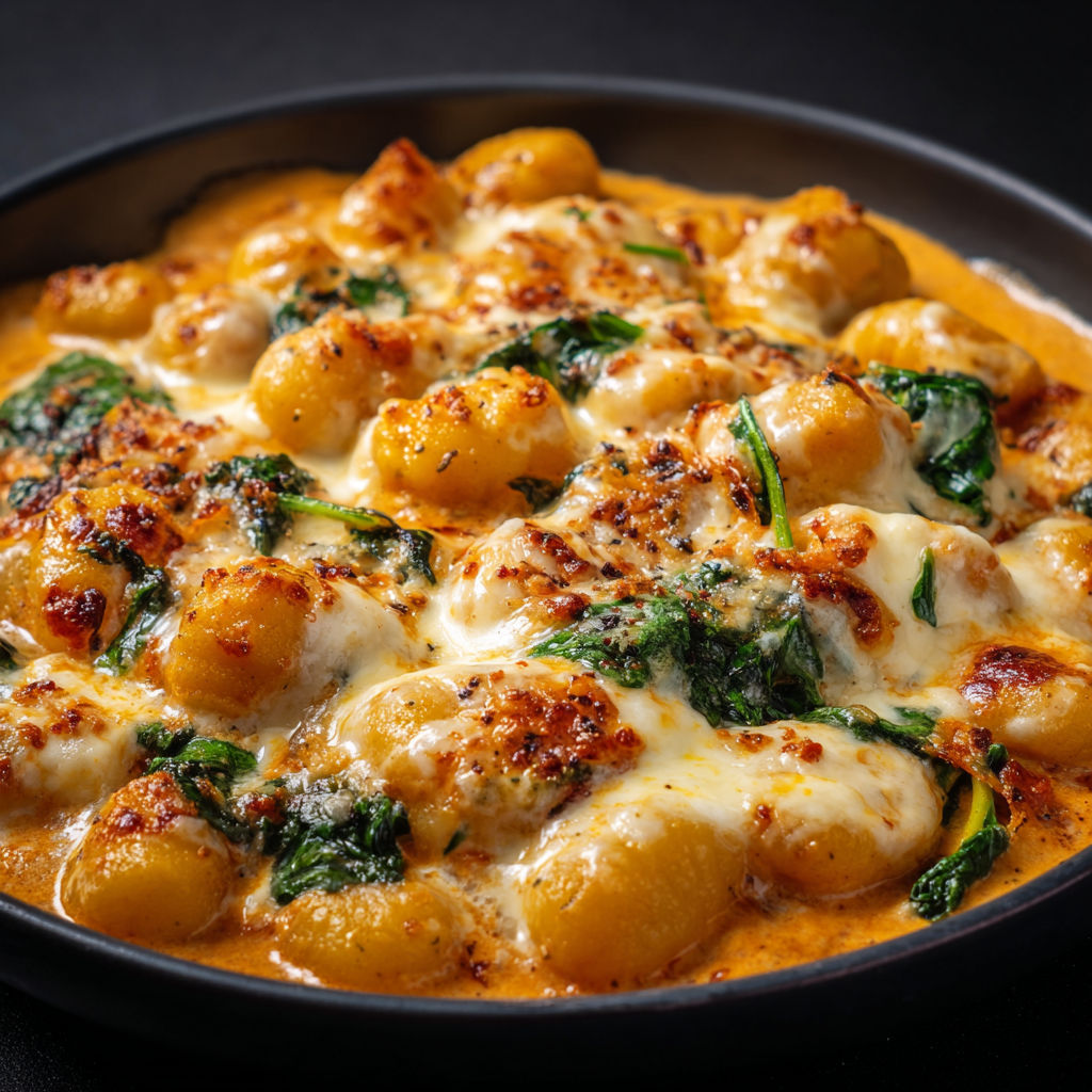 Délicieux gratin de gnocchis et potimarron nappé d'une sauce fromagère crémeuse.