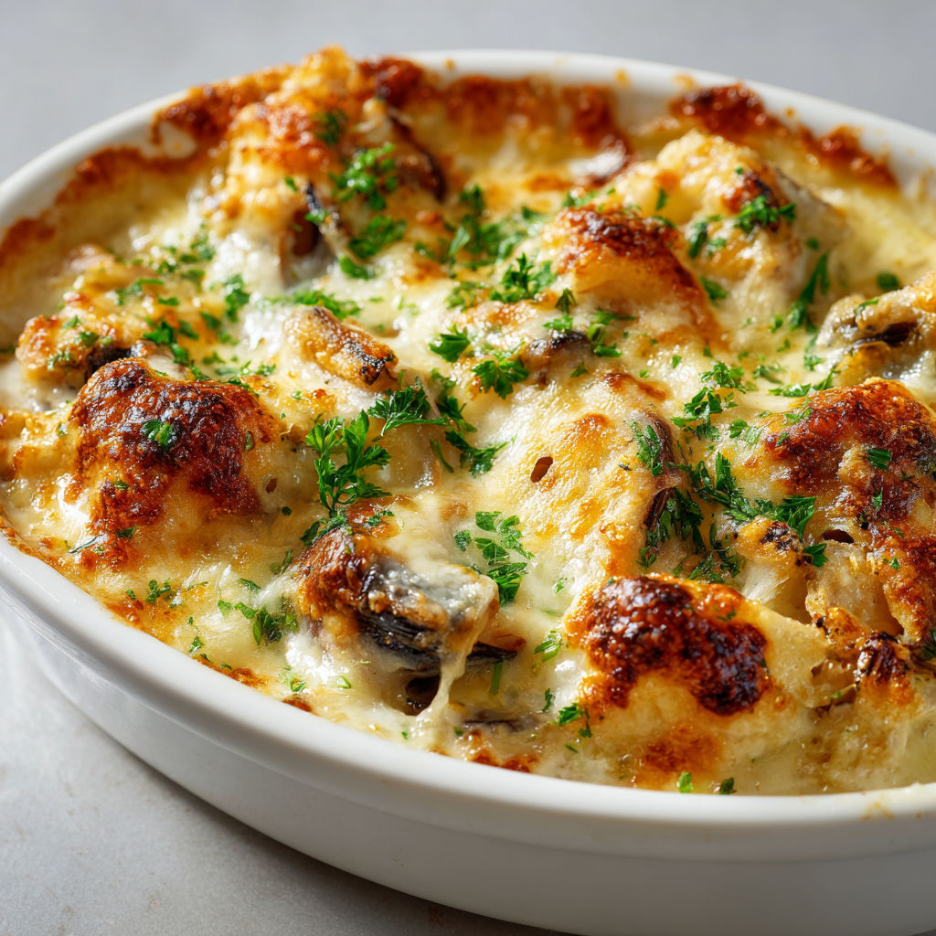 Bol blanc rempli d’une cassolette gratinée au poisson blanc et moules, toute dorée.