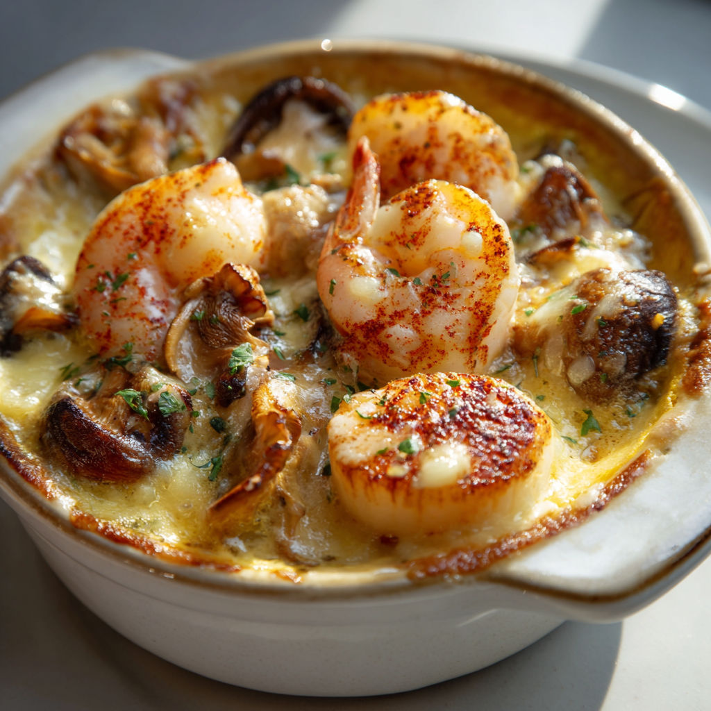 Cassolettes conviviales Saint-Jacques et Gambas aux Girolles.