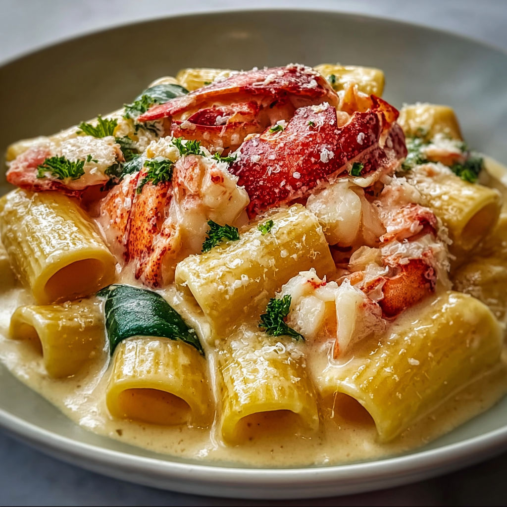 Rigatoni en Fête au Homard, Sauce Crème & Parmesan Fondant.