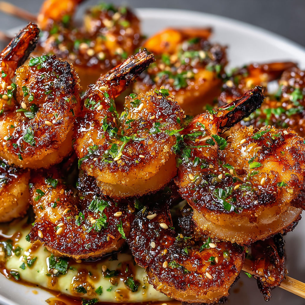 Brochettes de crevettes tendres et croustillantes, ultra simples et savoureuses.