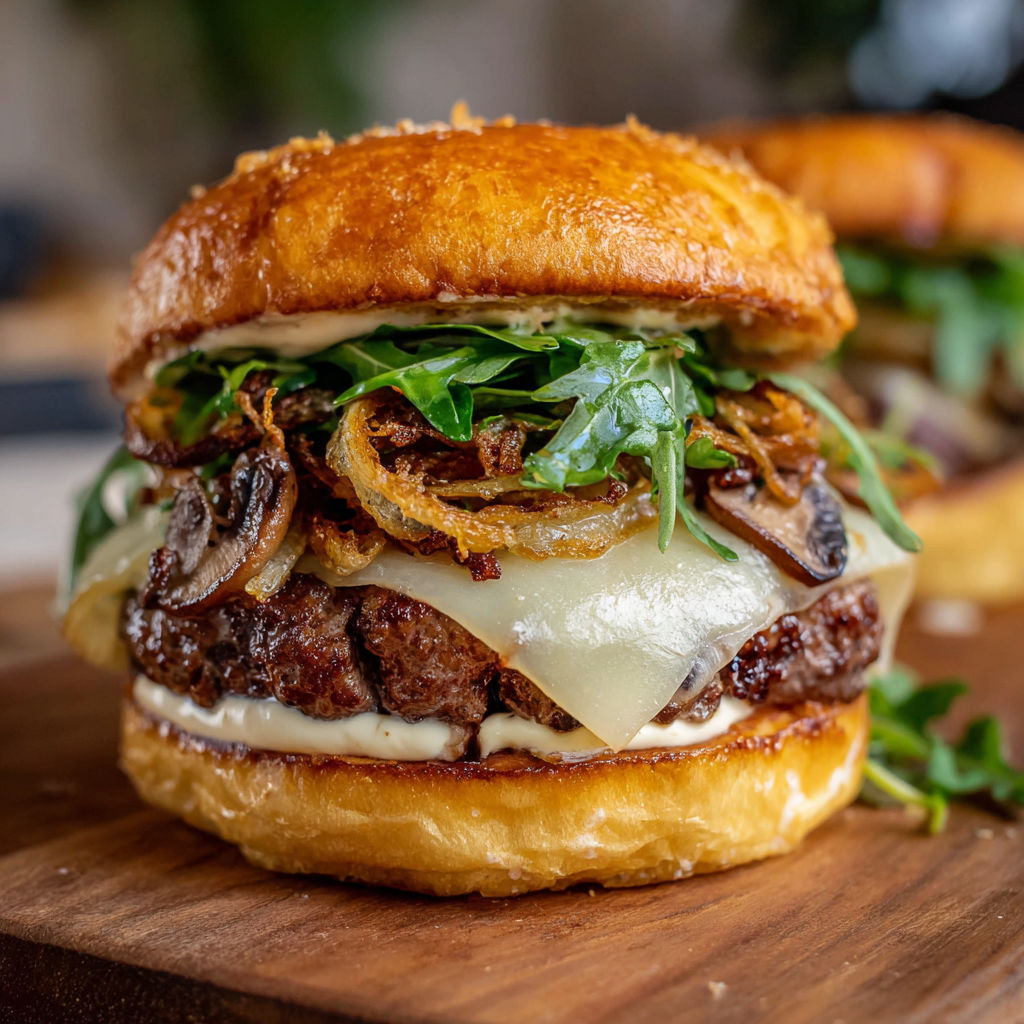 Burger automnal irrésistible : poire, champignons, valse de fromage fondu.