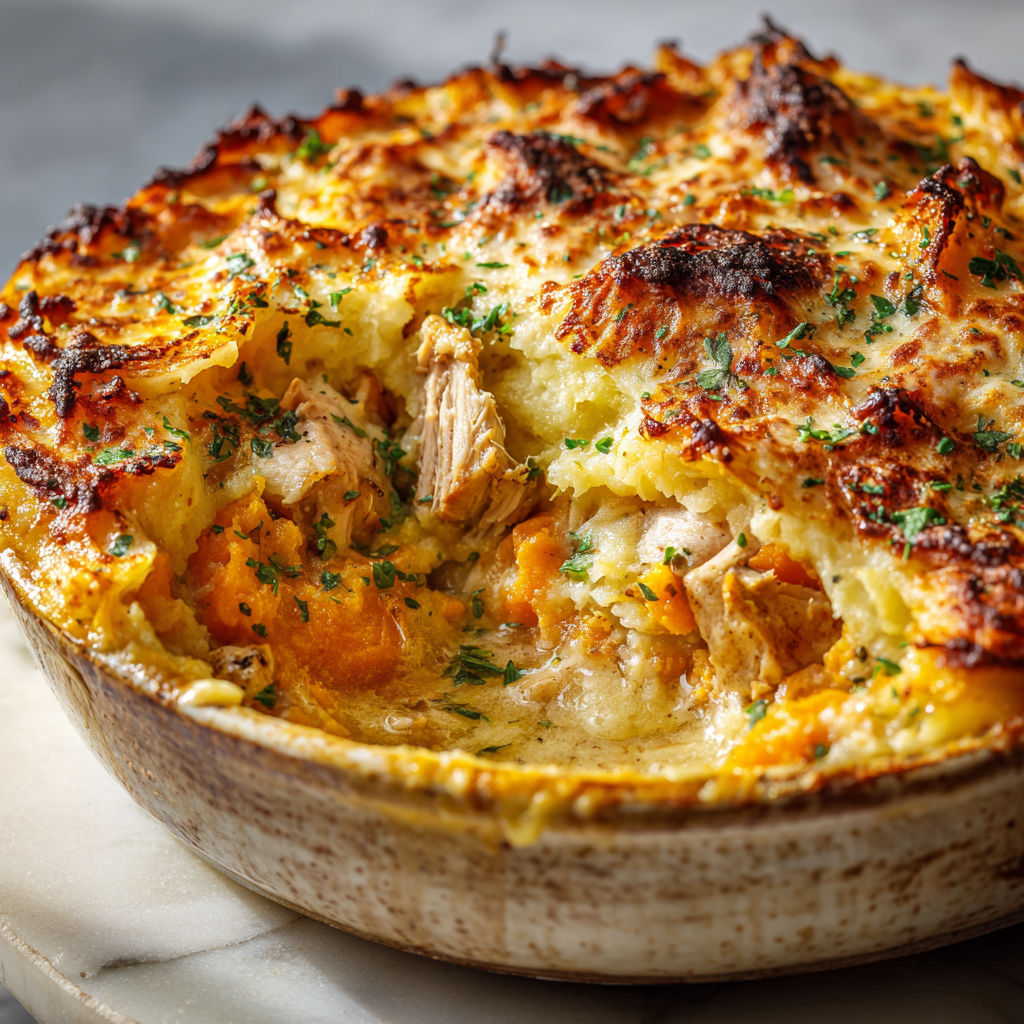 Parmentier de poulet doré avec légumes d’automne.
