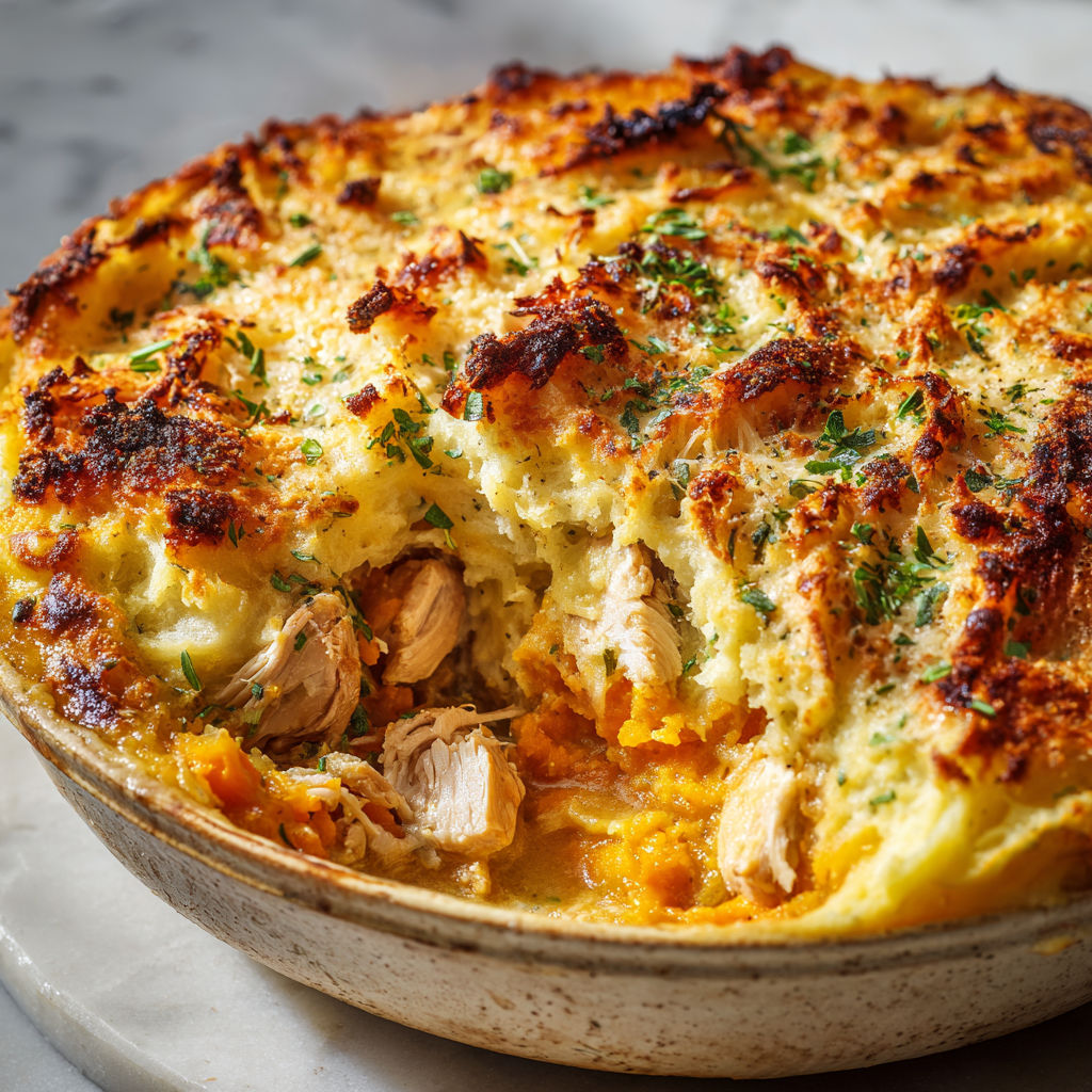 Gratin doré de poulet et purée de légumes d'automne.