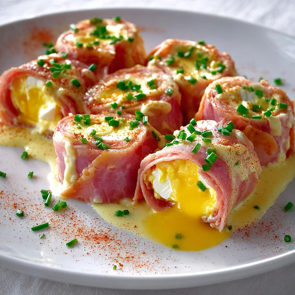 Roulés gourmands de jambon, œufs et ciboulette.