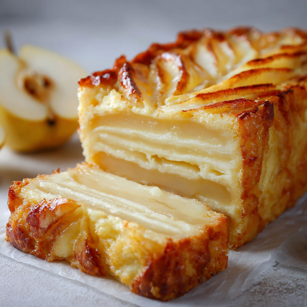 Part de gâteau invisible aux poires et vanille posée sur une poire en fond.