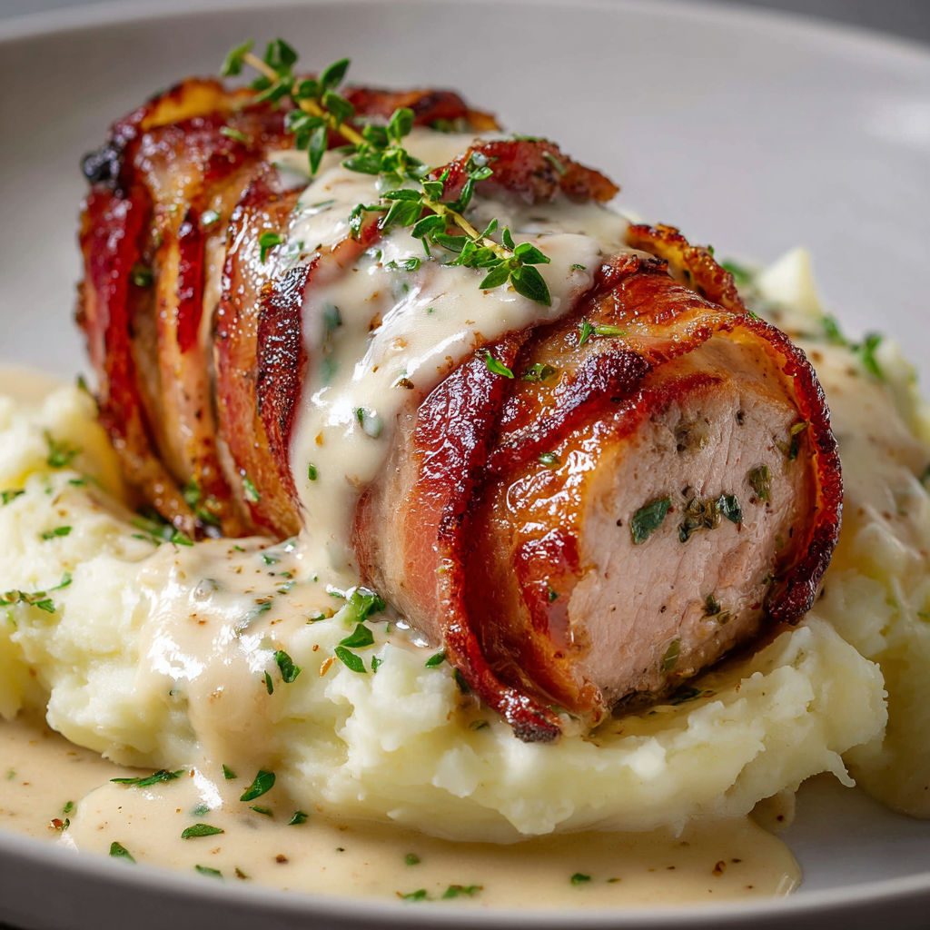 Un morceau de porc juteux entouré de lard et posé sur de la purée maison, prêt à être dégusté.