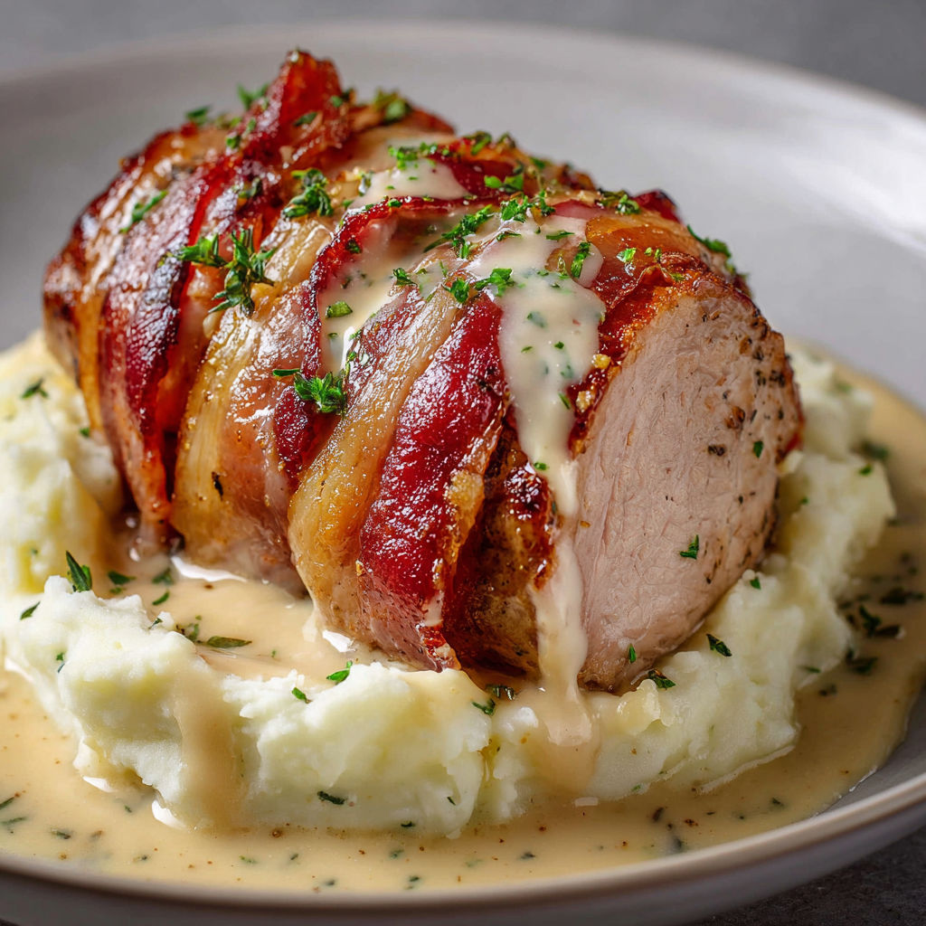 Filet mignon doré au lard, sauce crémeuse Boursin et purée maison savoureuse.