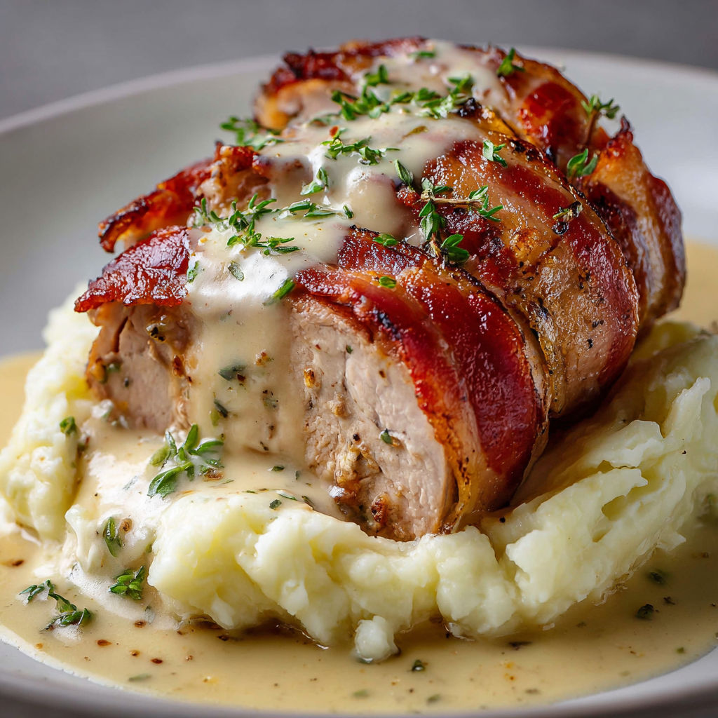 Porc rôti enroulé de lard avec sauce Boursin et purée ultra moelleuse.