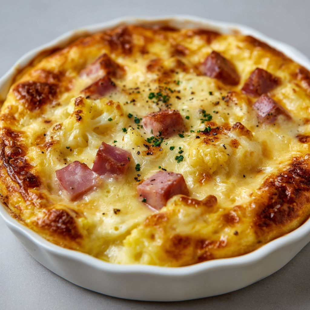 Dans un grand bol blanc, du clafoutis léger au chou-fleur et morceaux de jambon.