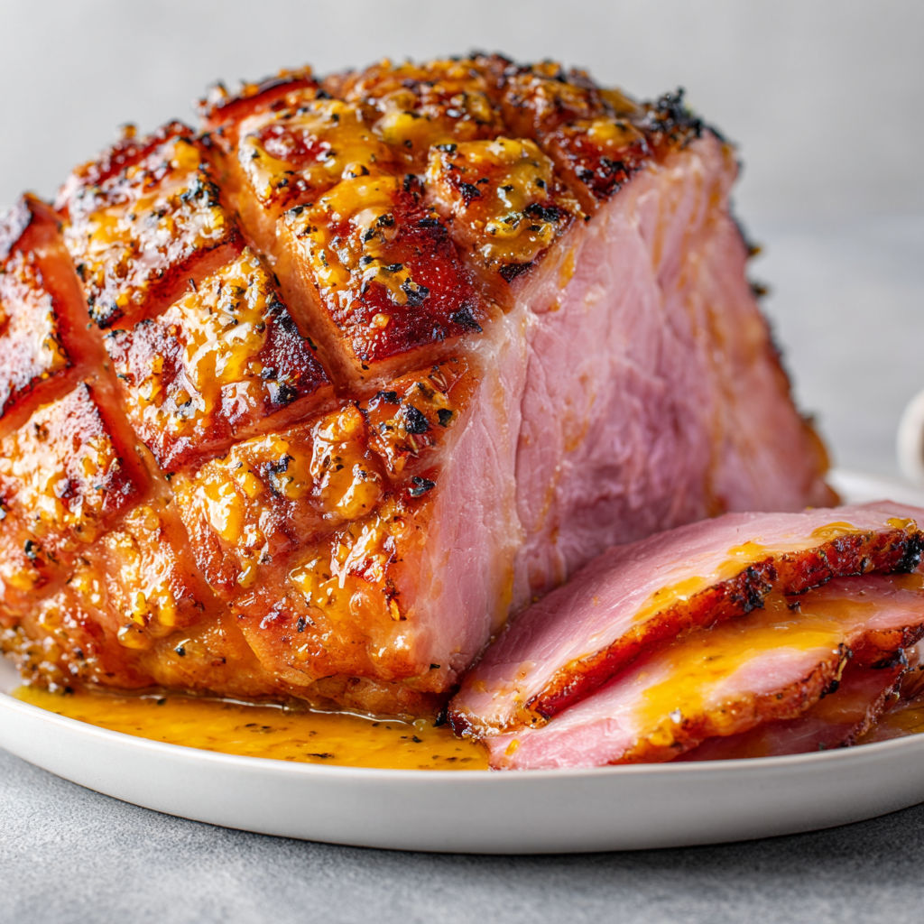 Jambon festif au miel et à la moutarde, prêt à servir.