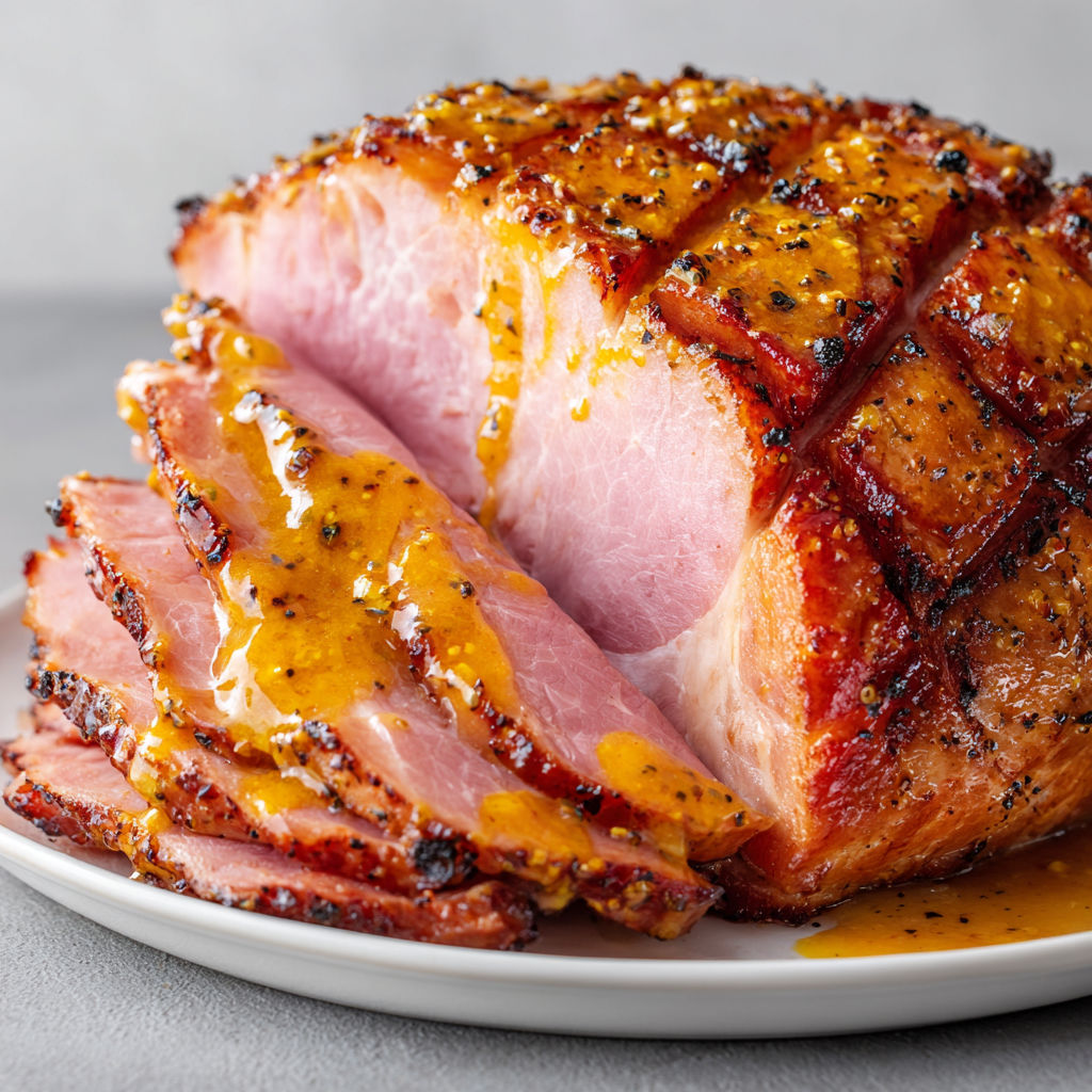 Tranches de jambon doré au miel et moutarde prêtes à servir.