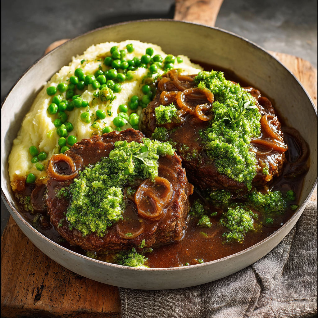Délicieux steak haché maison servi avec purée de brocoli et petits pois.