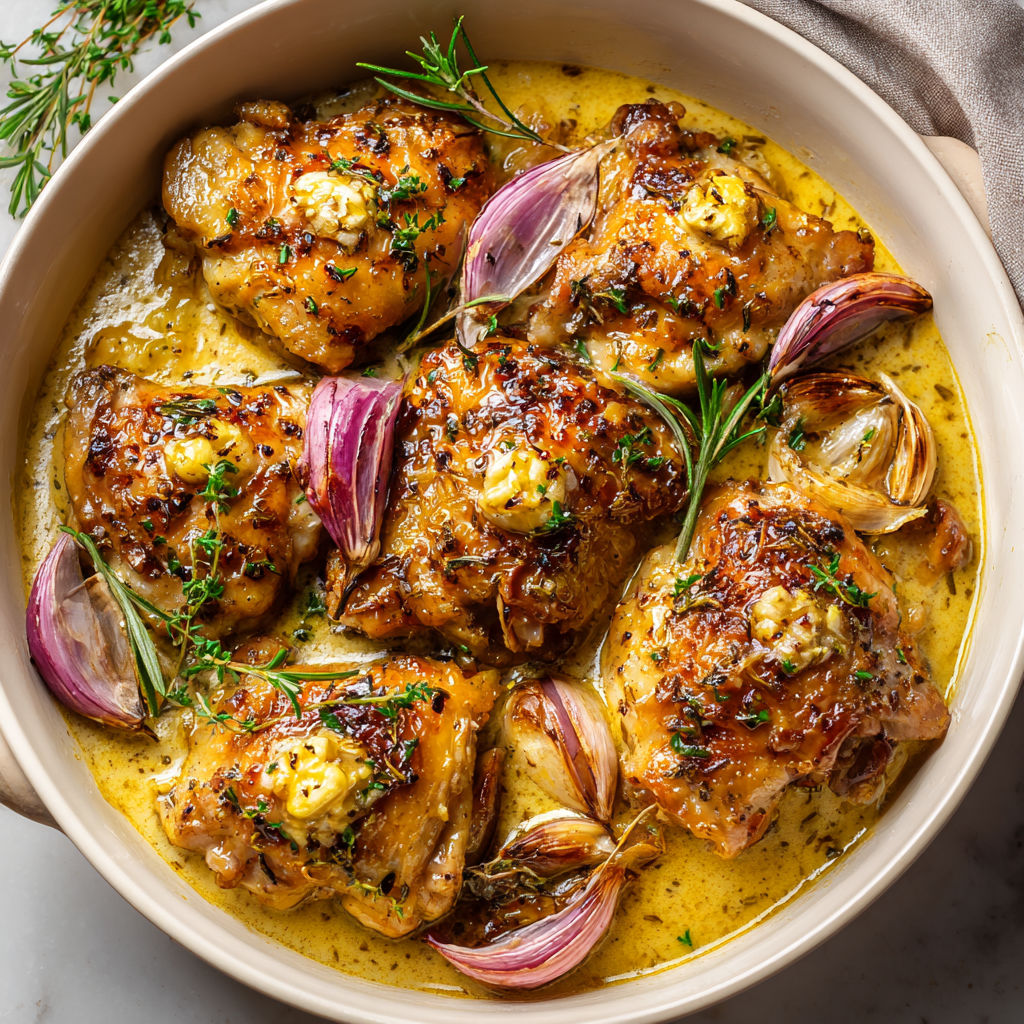 Cuisse de poulet ultra tendre au four, sauce vin blanc et oignons rôtis.
