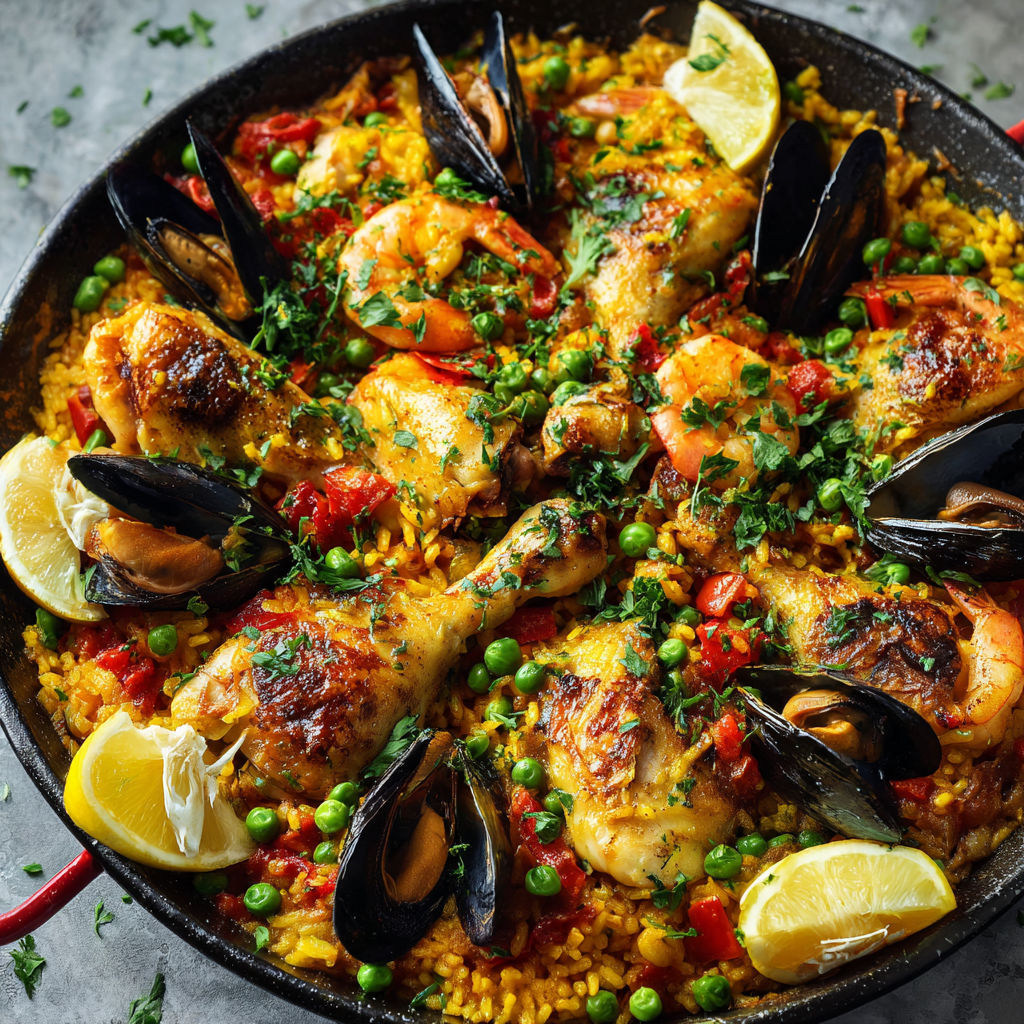 Un plat de paella avec poulet, plein de légumes, tomates, poivrons, oignons, patates et épinards bien frais.