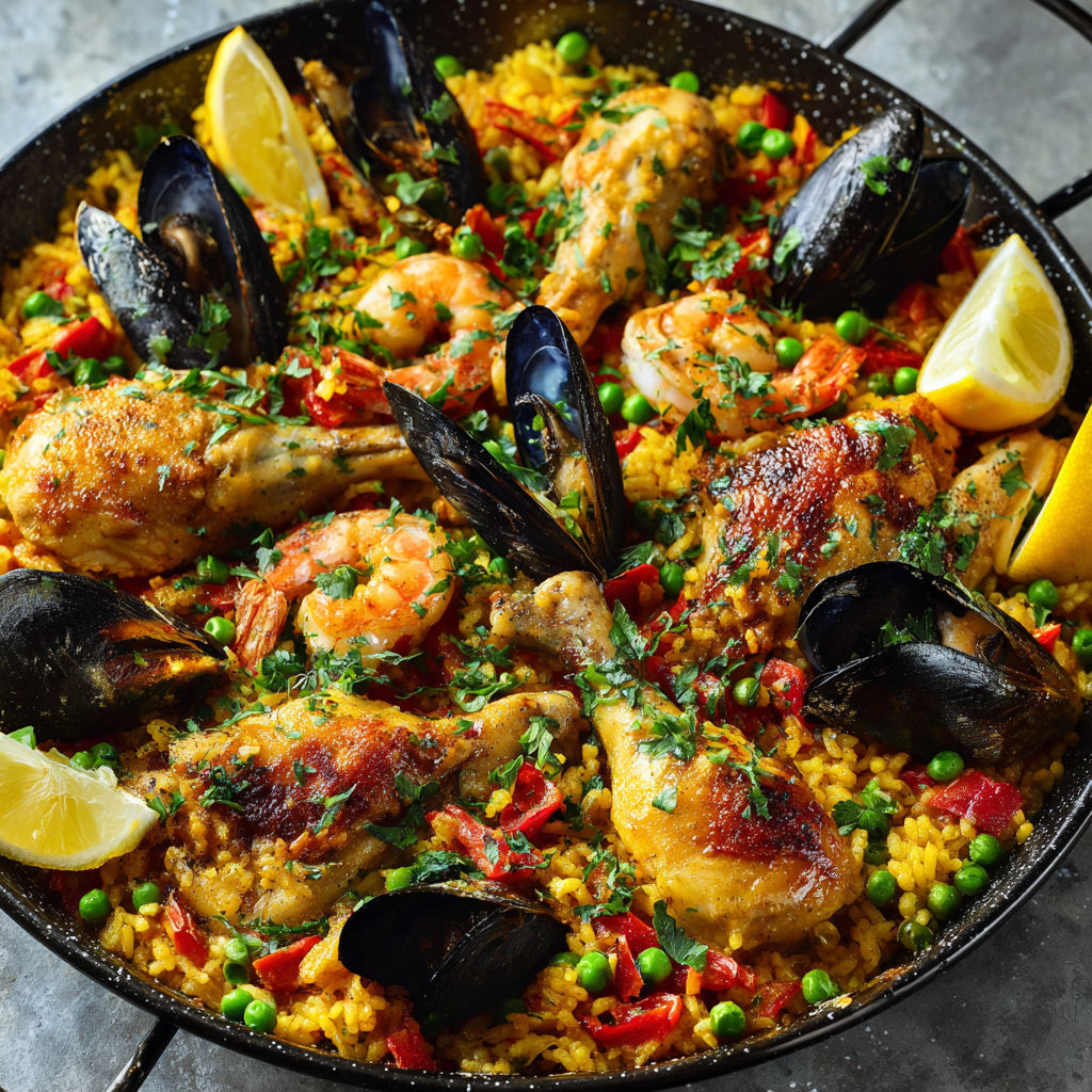 Délicieuse Paella Espagnole façon Mer et Volaille, toute dorée.