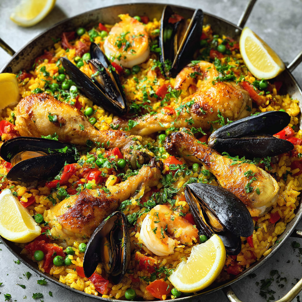 Généreuse Poêle Méditerranéenne, Riz Safrané & Fruits de Mer.