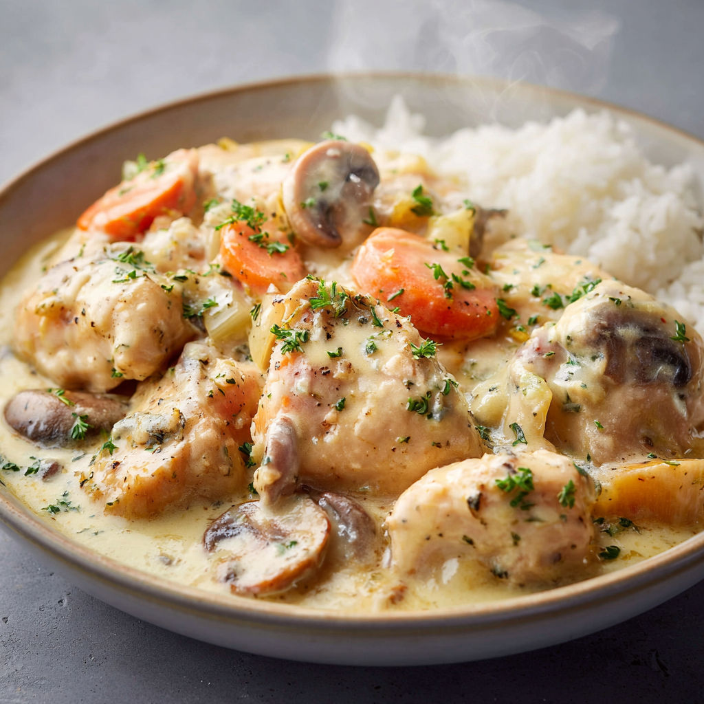 Blanquette de poulet onctueuse au bleu d’Auvergne et légumes fondants.