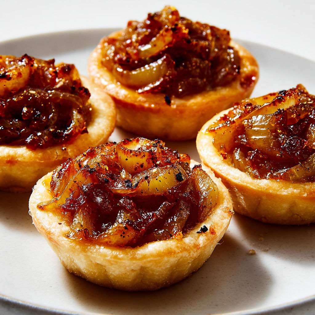 Quatre minis tartelettes croustillantes garnies d’oignons tendres au miel posées sur un plateau.