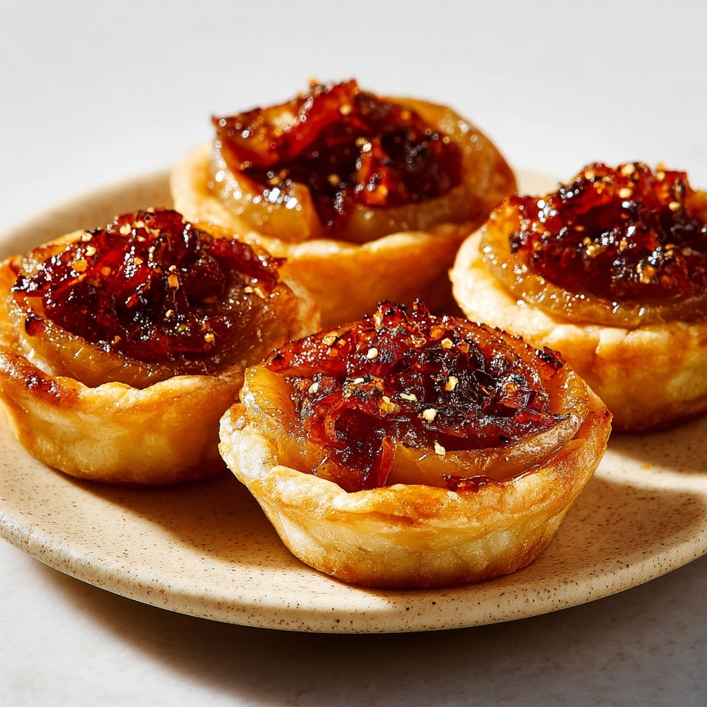 Petites tartelettes dorées, oignons doux confits au miel et pâte craquante.