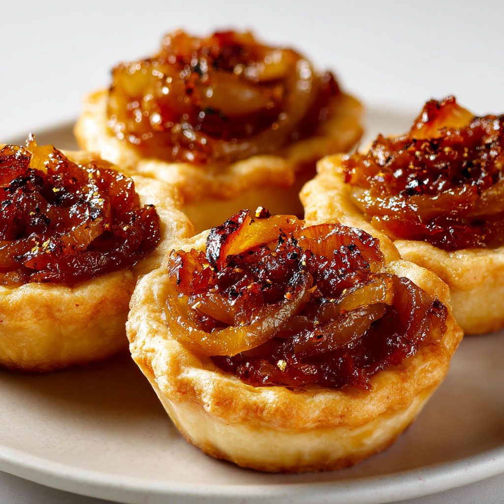 Mini bouchées aux oignons rôtis caramélisés au miel, posées joliment sur une grande assiette.