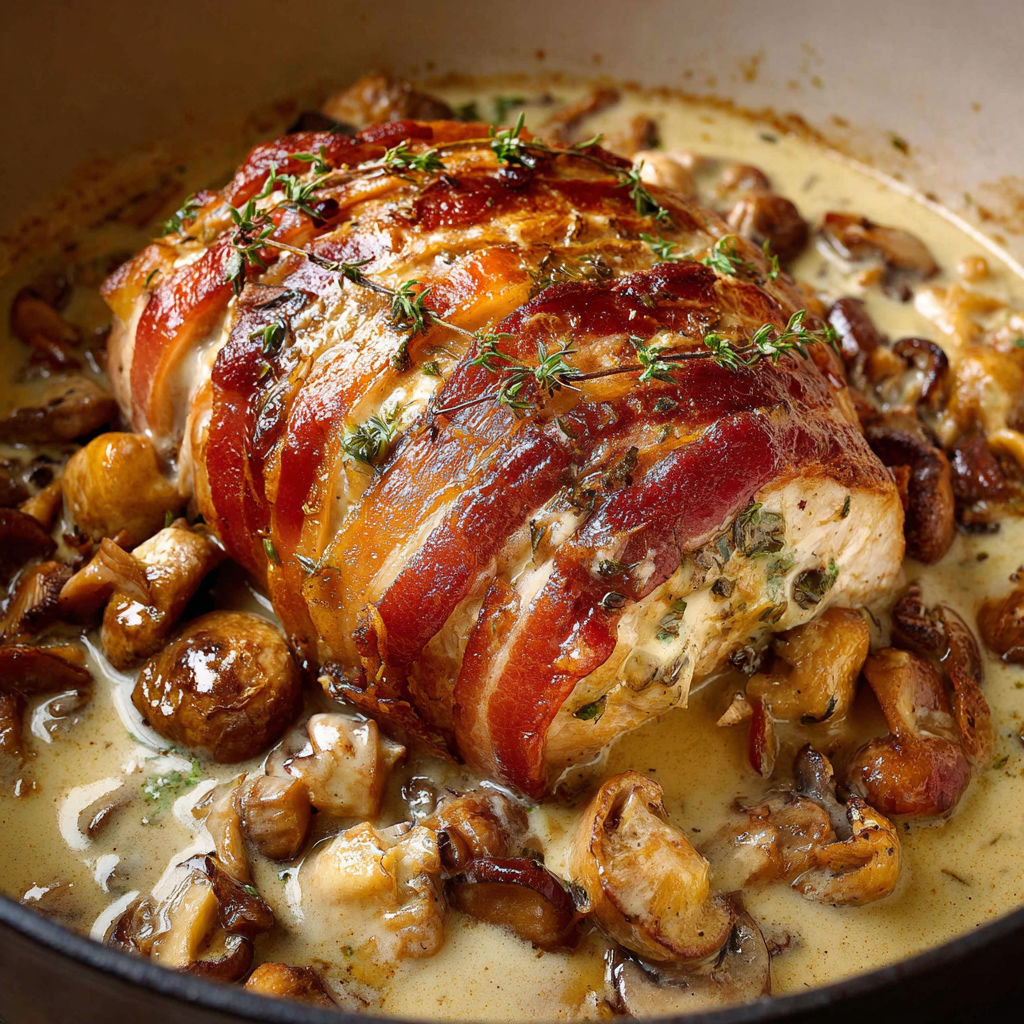 Un rôti de dinde aux champignons et aux herbes dans une grosse cocotte.