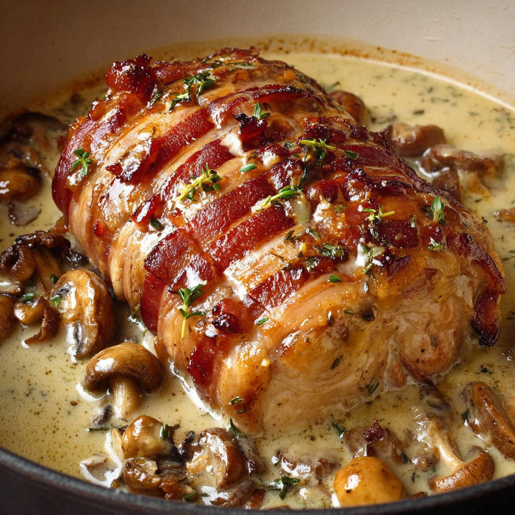 Dinde moelleuse aux champignons en sauce crémeuse.