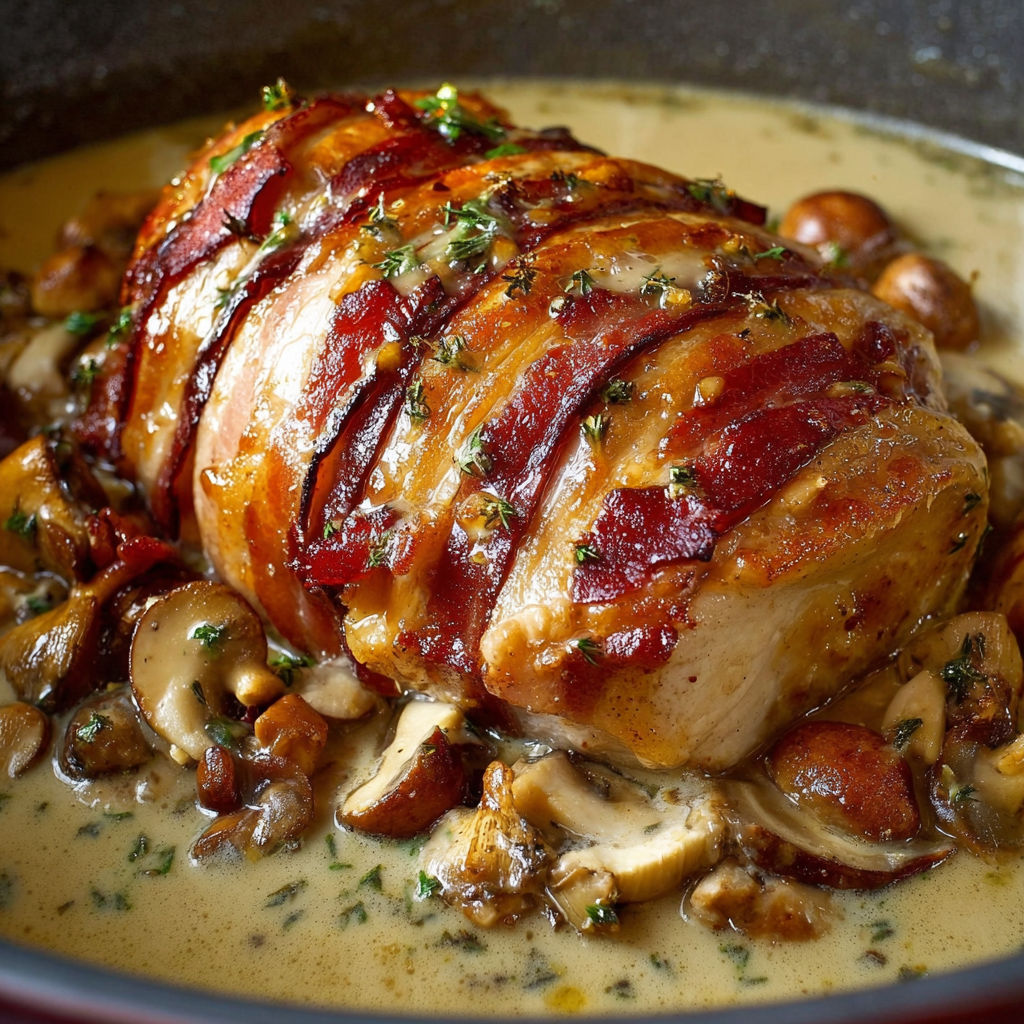 Dinde fondante et sauce crémeuse aux champignons.
