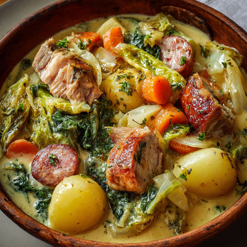 On sert une vraie potée Lorraine toute chaude dans un bol en terre cuite.