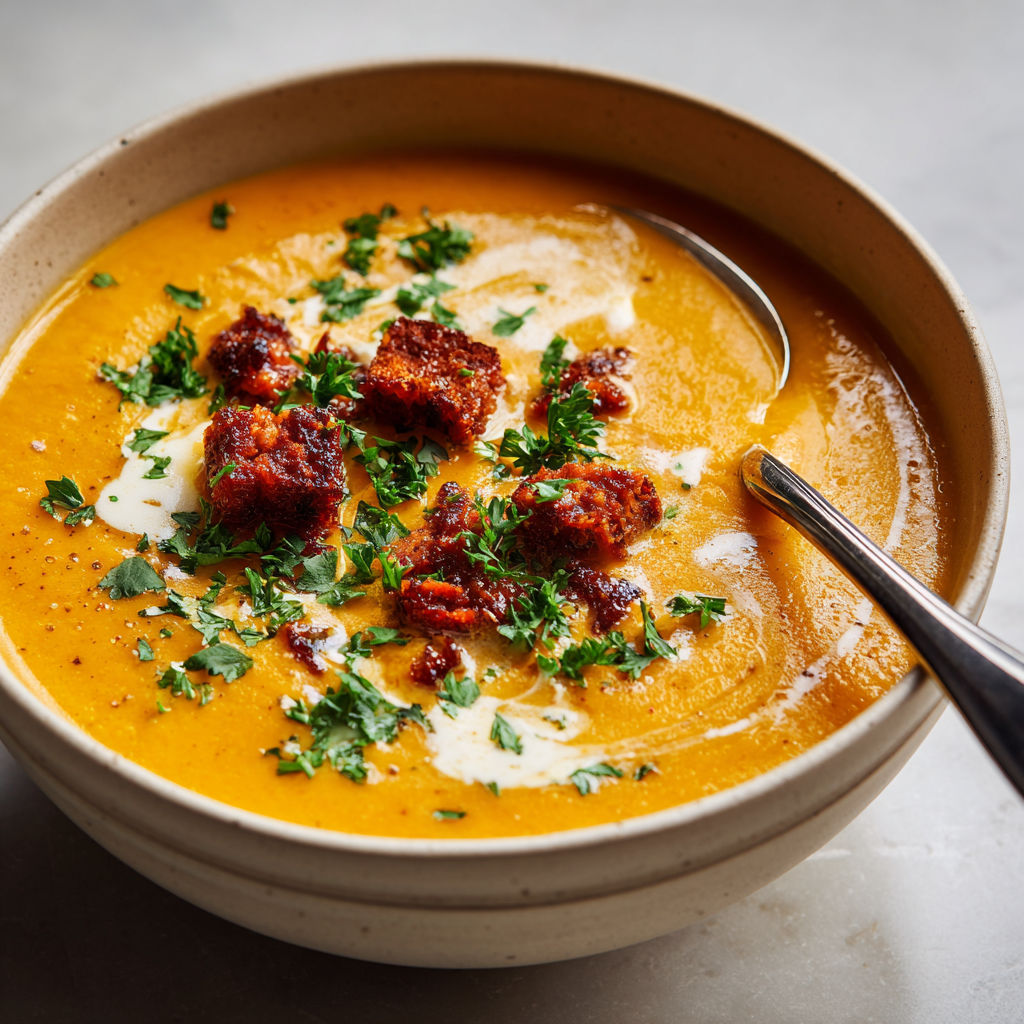 Velouté Doux à la Patate Douce, Carotte et Chorizo Doré.