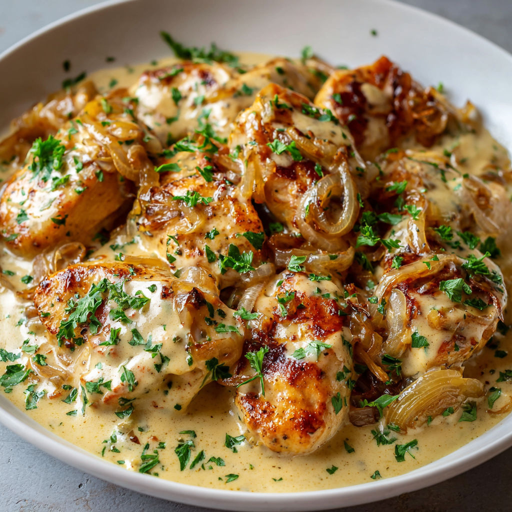 Un plat de poulet à la bière avec crème, des oignons et légumes verts sur le côté.