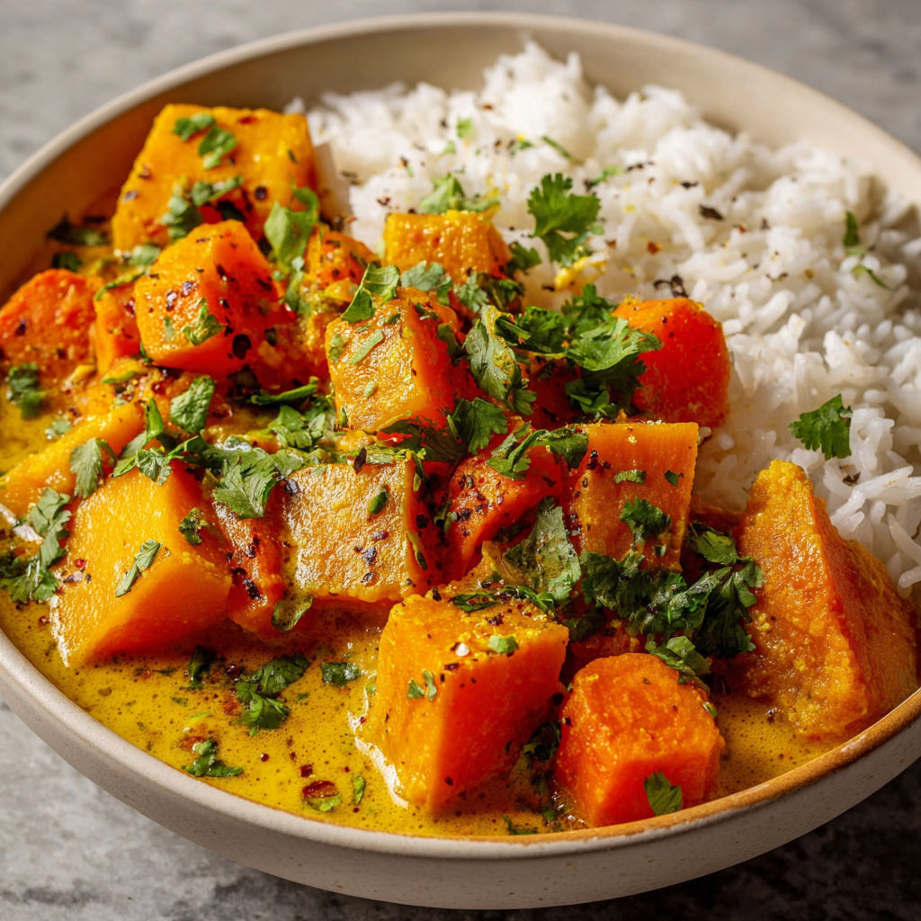 Un bol rempli de curry crémeux avec butternut, patate douce et carottes bien tendres.