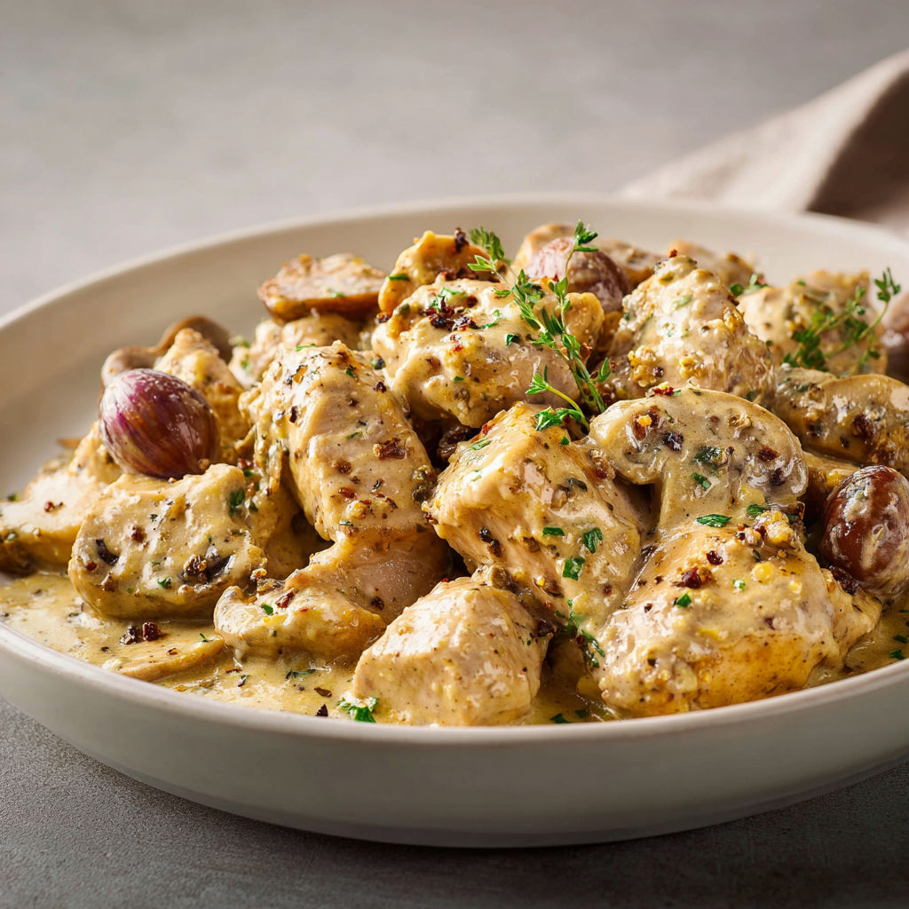 Dinde vite fondante à la sauce moutarde et châtaignes.