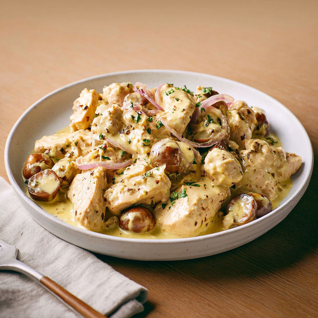 Dinde crémeuse façon blanquette facile aux châtaignes.