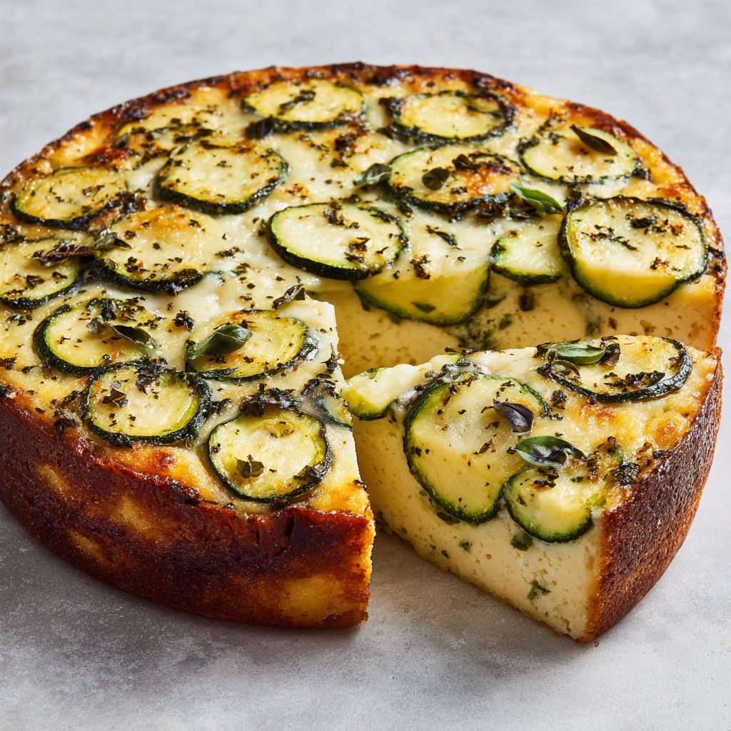 Flan de courgette moelleux avec fromage fondu et basilic frais.
