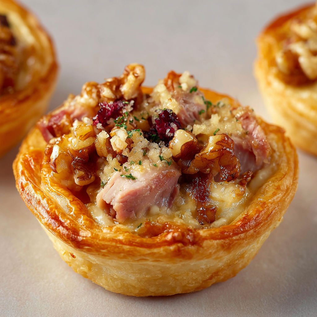 On voit plusieurs mini tartelettes garnies de magret fumé sur une table.