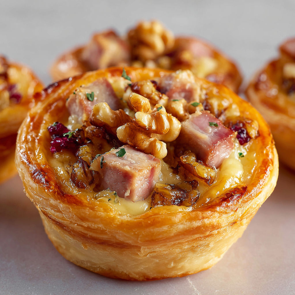 Petites bouchées feuilletées au canard fumé et confit d’oignons.
