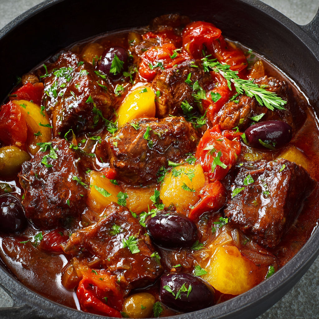 Un savoureux plat de daube niçoise au bœuf servi dans un bol en fonte noir.