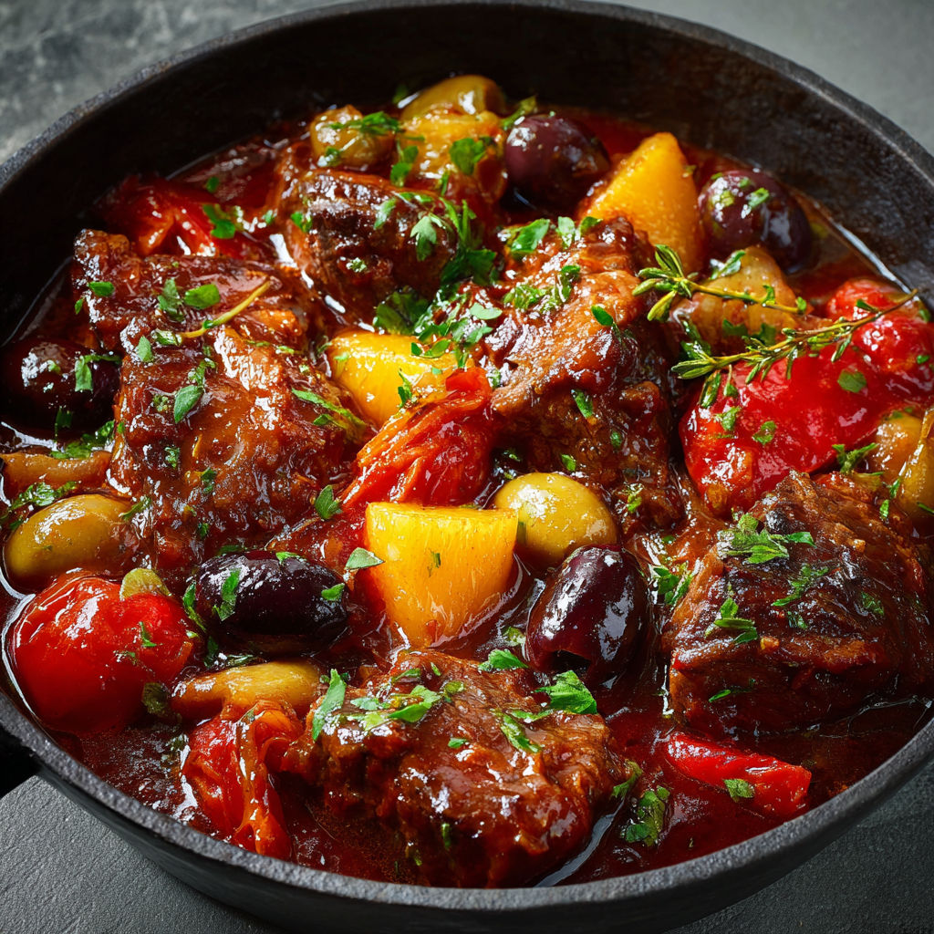 Plat mijoté niçois au vin rouge et olives noires.