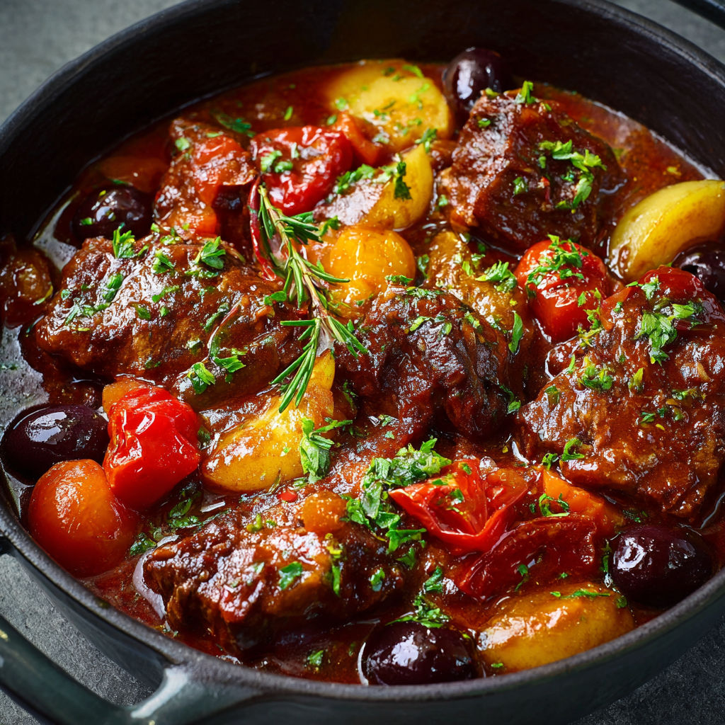 Ragoût de bœuf façon niçoise, olives et pointe de chocolat.
